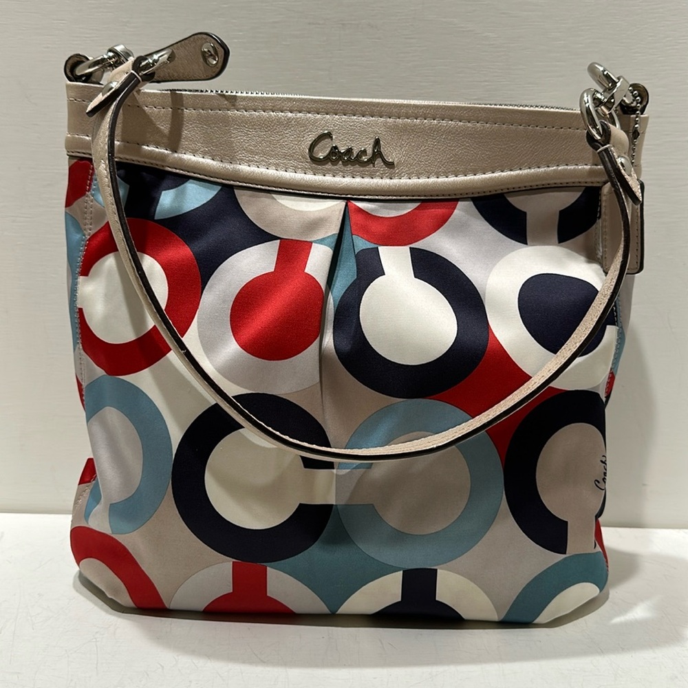 COACH (F23930) “Ashley” Multicolor C’s Printed Satin/ Cream Leather Shoulder Bag